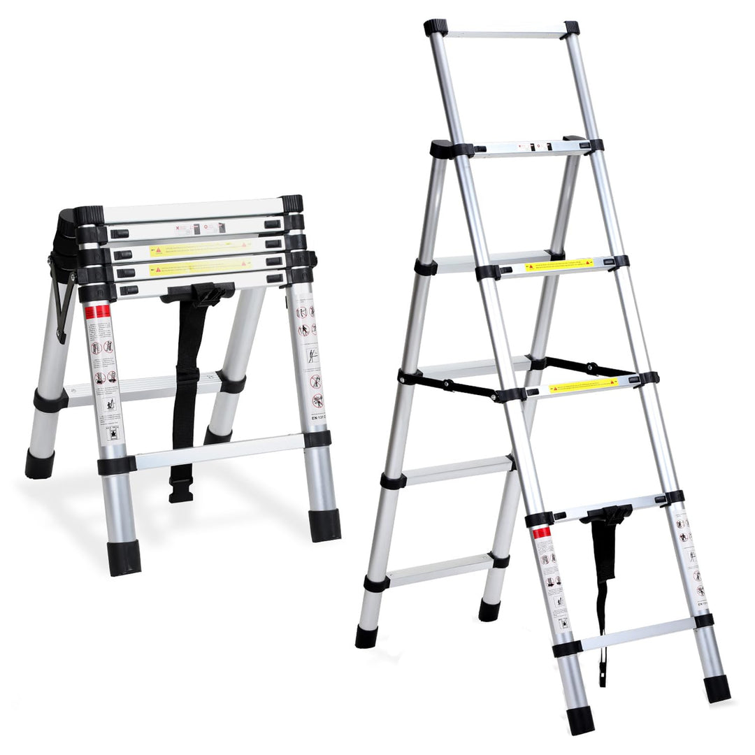 Fiqops 1.4+1.7M Klappleiter Teleskopleiter, A-Rahmen 4+5 Sprossen Aluminiumleiter, Rutschfester Alul