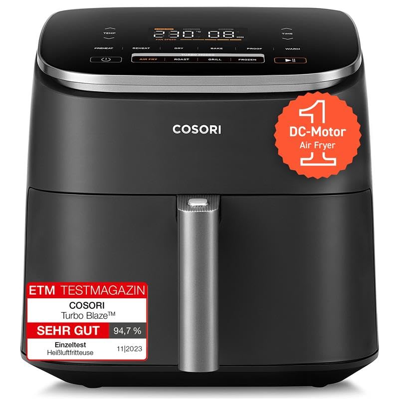 Cosori Turboblaze Heissluftfritteuse Airfryer, 9-in-1 Air Fryer XXL 6L, leiser DC Motor mit 5 Geschw