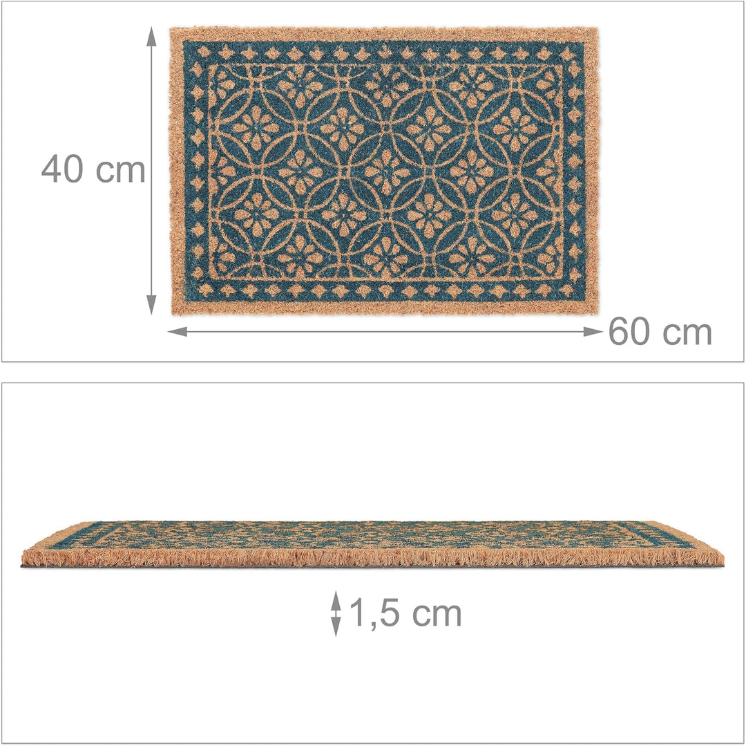 Relaxdays Fussmatte aus Kokos, florales Design, Türmatte aussen & innen, gummierte Kokosmatte 60x40