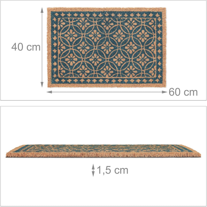 Relaxdays Fussmatte aus Kokos, florales Design, Türmatte aussen & innen, gummierte Kokosmatte 60x40