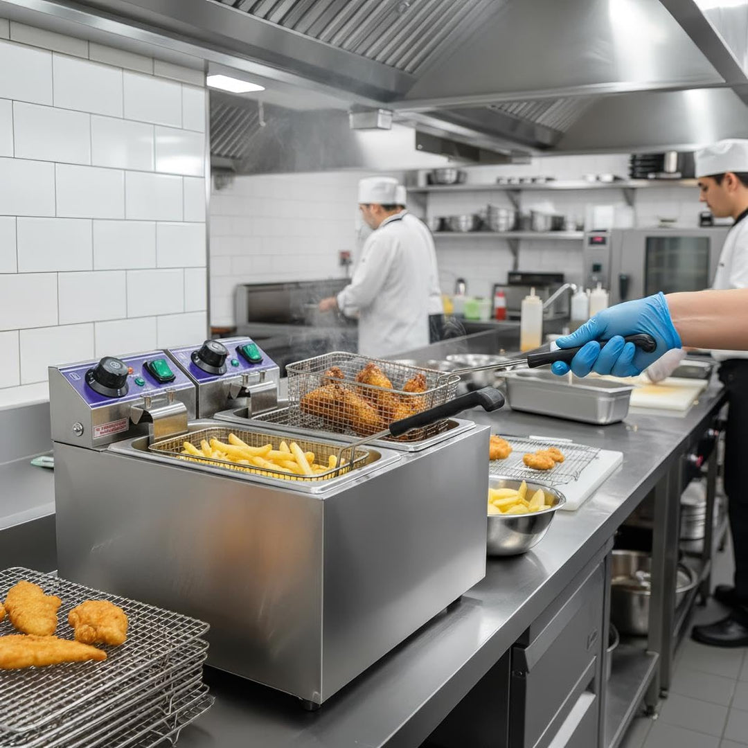 Elektro-Doppelfritteuse 16L Edelstahl – 2 x 8L Kammern, je 2000W – Profi Fritteuse mit Temperaturreg