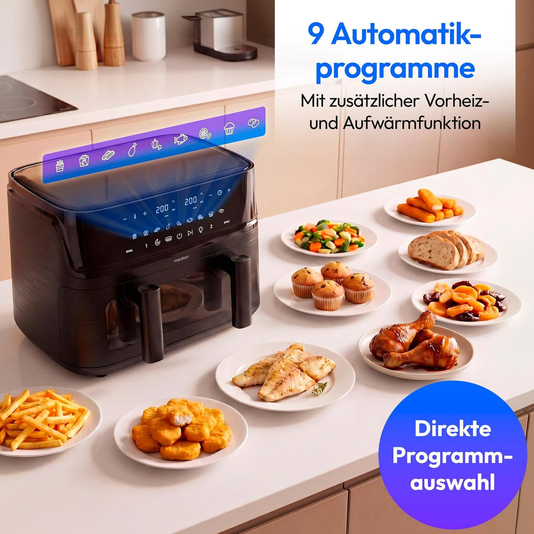 MEDION P25 XXL Flex M Airfryer Heissluftfritteuse mit 2 Kammern - schwarz | 10,8 Liter, flexible Kam