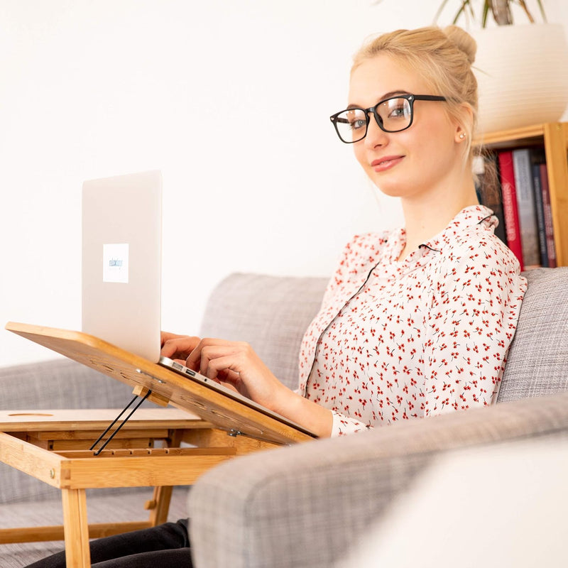 Relaxdays, Natur Höhenverstellbarer Laptoptisch fürs Bett, Bambus Notebooktisch m. Schublade, HxBxT: