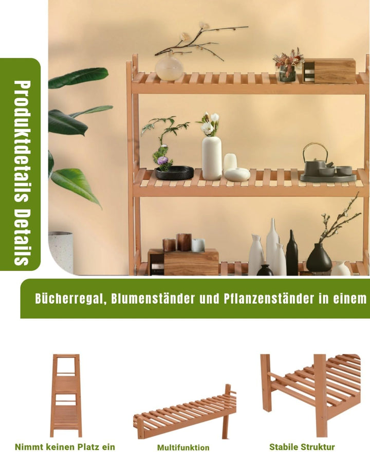 Hoclauho Pflanzenständer aus Holz mit 3 Ablagen, Leiterregal und Küchenregal, Blumenregal und Organi