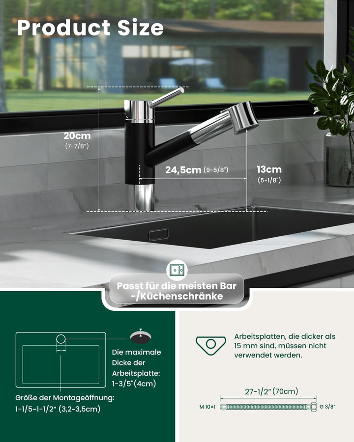 DAYONE Küchenarmatur 360°Drehbar Wasserhahn Ausziehbar Edelstahl Gebürstet Hochdruck Einhand-Spültis