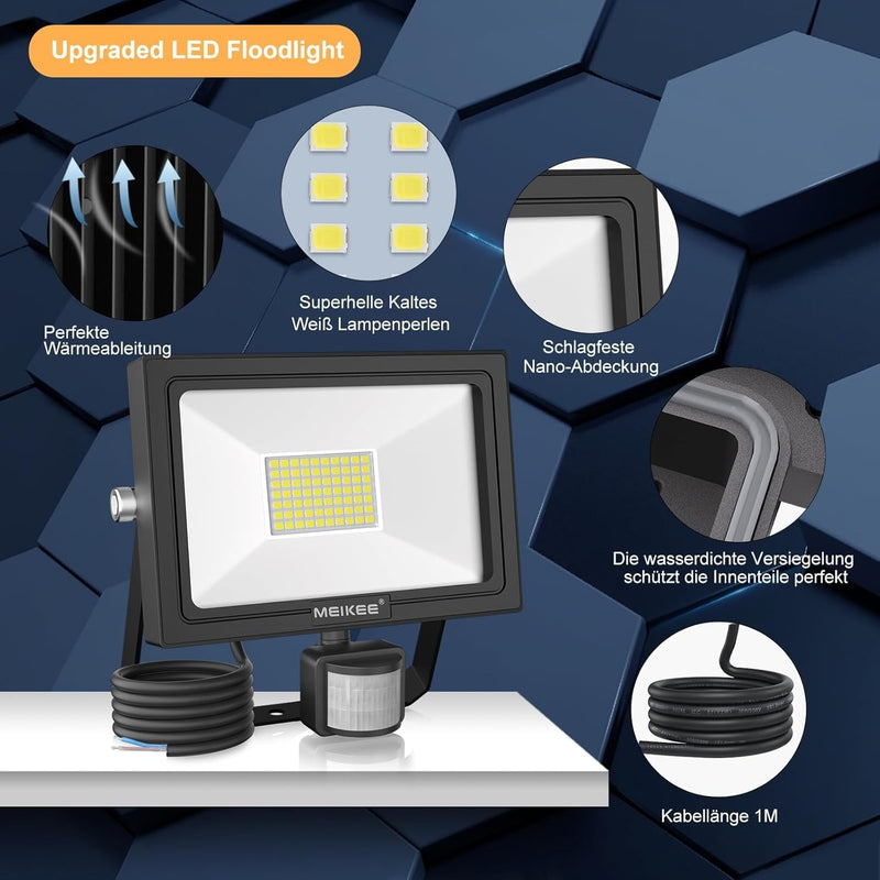 MEIKEE 50W LED Strahler mit Bewegungsmelder 4700 LM 6500K Superhell LED Fluter mit Sensor IP66 Wasse