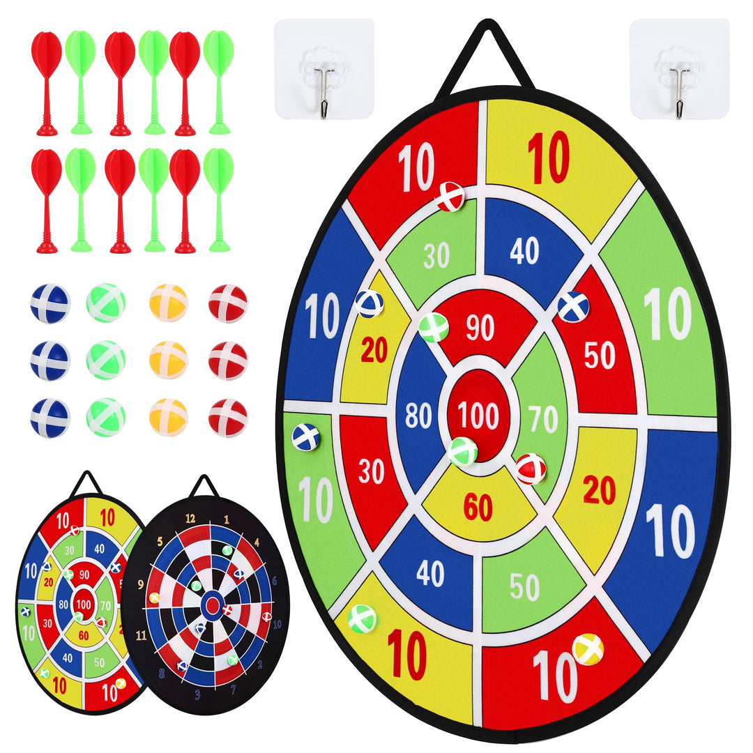 Dartscheibe für Kinder Set, 29 Zoll Doppelseitige Dartscheibe mit 12 Klebrigen Bällen, 12 Darts, gee