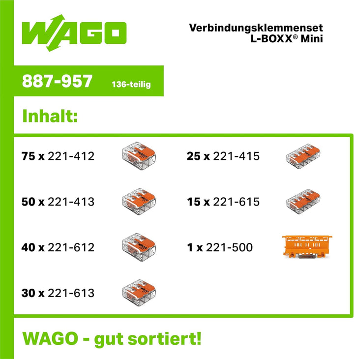 WAGO® Original-Set, L-Boxx Mini, Verbindungsklemmen mit Hebel, Serie 221, 887-957 (236 Teile) 887-95