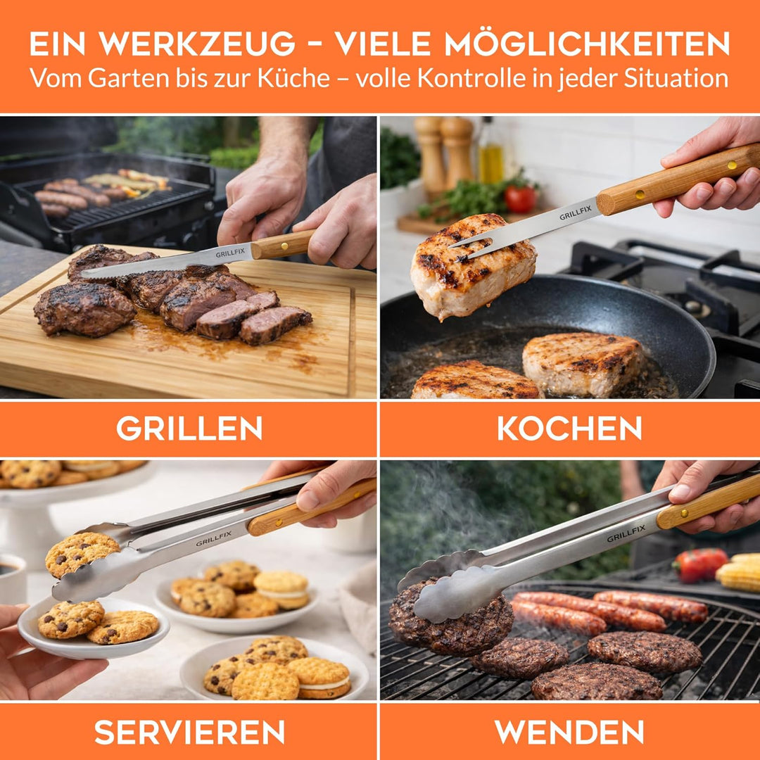 BBQ Grillbesteck Set extra lang 38cm, aus Edelstahl holzverziert | 3-teilig Geschenkset für Männer u