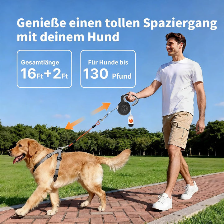 Ausziehbare Hundeleine 5m, kaubeständiges Stahldrahtseil, 360° verwicklungsfrei &amp; stossdämpfend, int