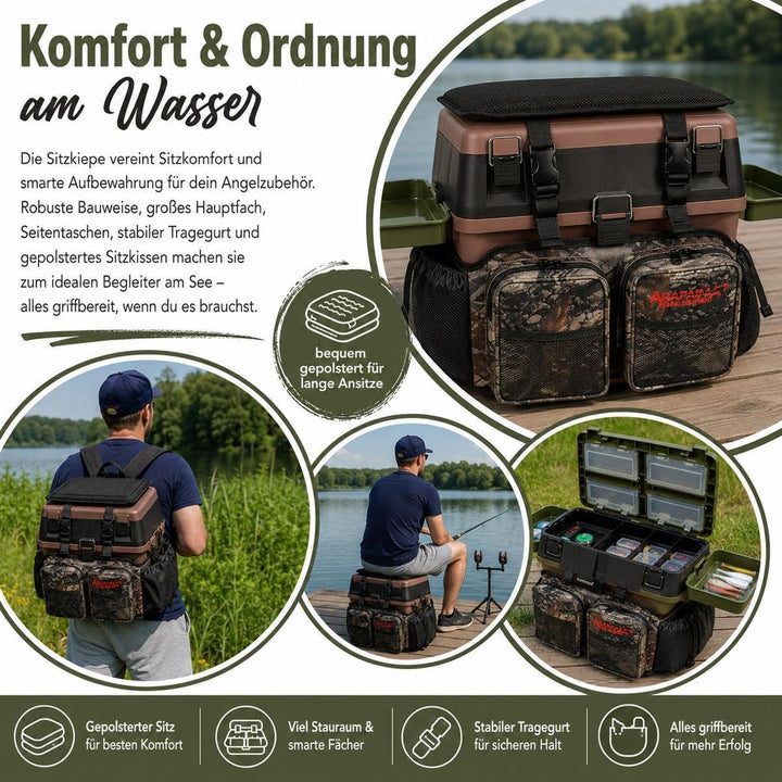 Sitzkiepe Angelbox mit 4 Tackleboxen &amp; Sitzpolster Schwarz