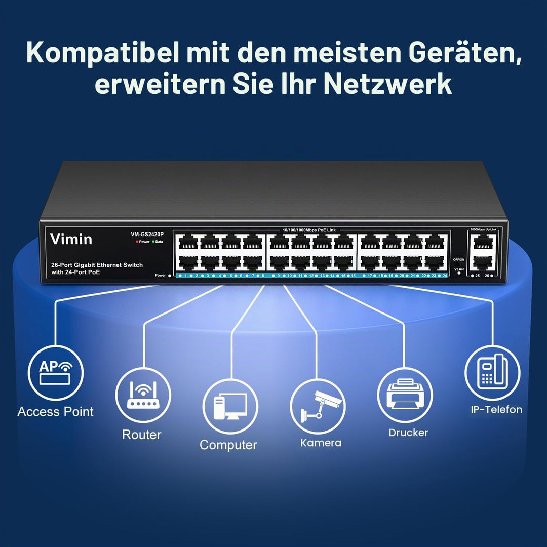 VIMIN 24-Port Gigabit PoE Switch mit 2 Uplink Gigabit Ports, 26-Port Unmanaged Ethernet PoE Switch m