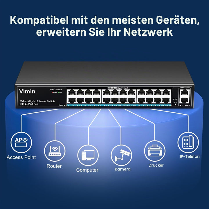 VIMIN 24-Port Gigabit PoE Switch mit 2 Uplink Gigabit Ports, 26-Port Unmanaged Ethernet PoE Switch m