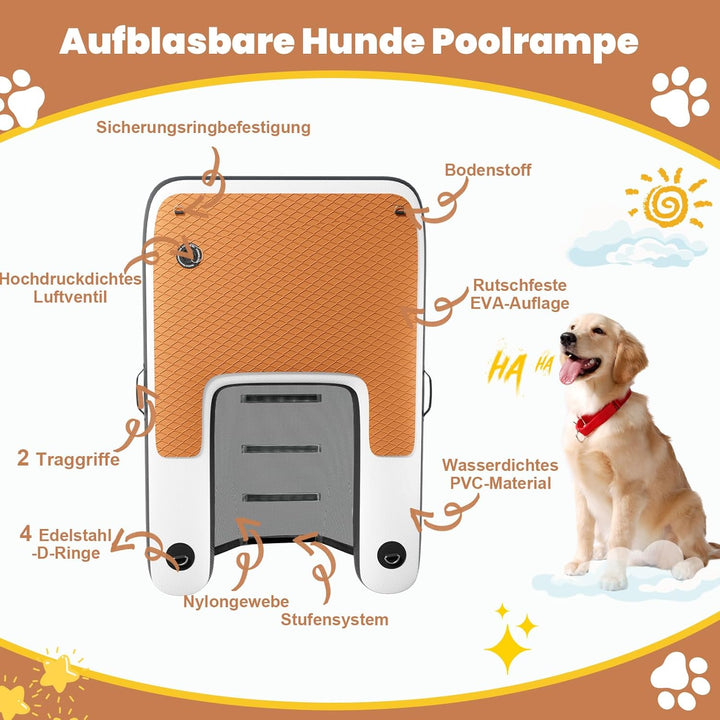 Hunderampe 120 x 100cm, Aufblasbare Schwimmplattform für Hunde, Reissfest und Langlebig, Aufblasbare