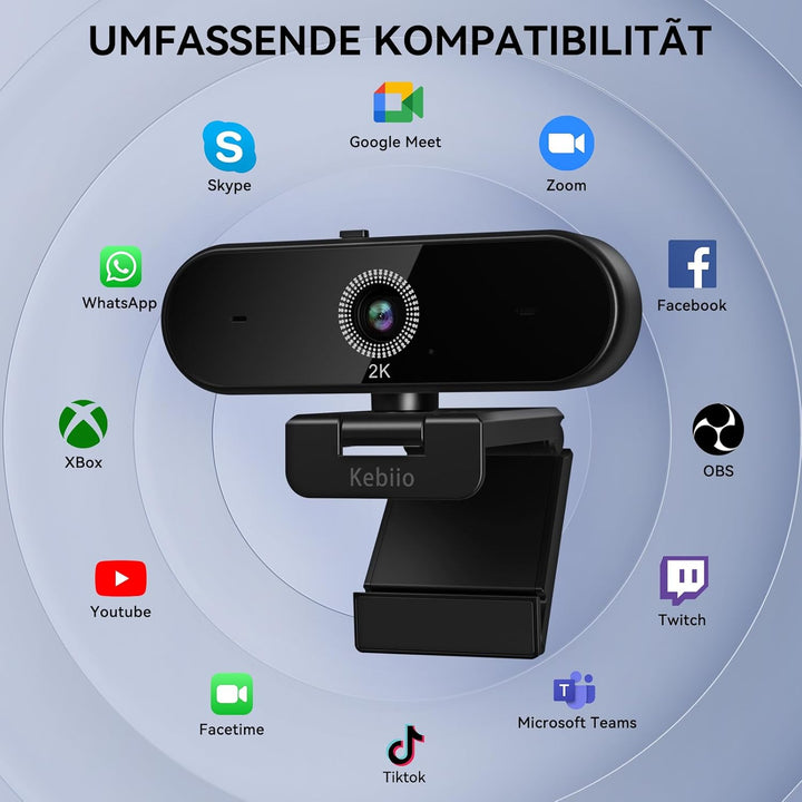 Webcam 2K, USB A/C Webcam mit Mikrofon für PC, Streaming Kamera mit Autofokus, 90°Ansicht, Plug & Pl