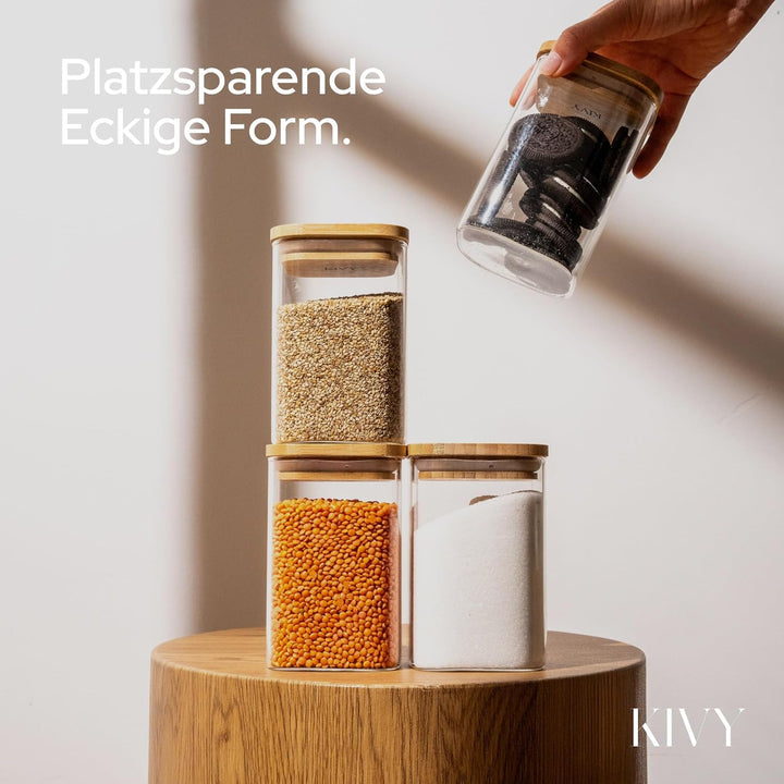 KIVY Vorratsgläser mit Deckel - 4 x 600ml - Kleine Vorratsdosen mit Bambusdeckel - Vorratsdosen Glas
