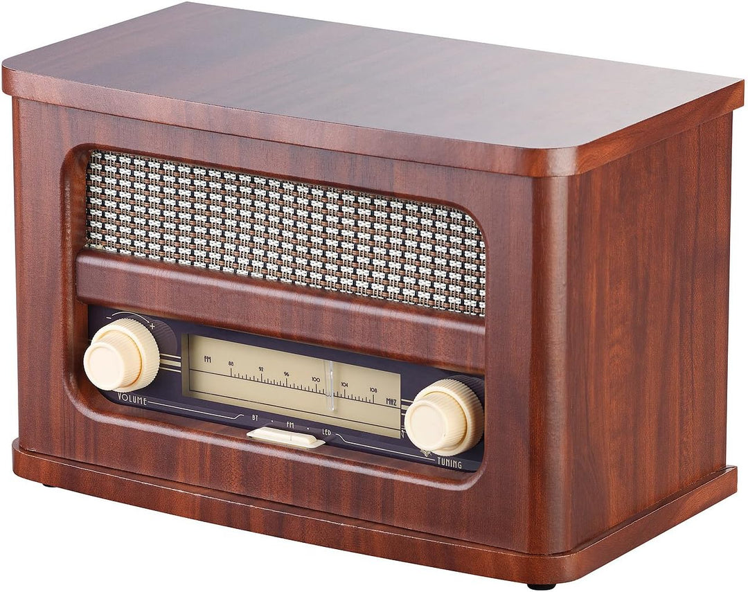 auvisio Nostalgie Radio: Nostalgisches Stereo-FM-Radio 12W, Holz, Akku, Bluetooth, USB Ladeport (Rad