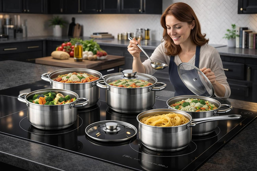 Posten Anker Topfset Induktion 7-teilig, Edelstahl satiniert, für alle Herdarten, Kochtöpfe mit Glas
