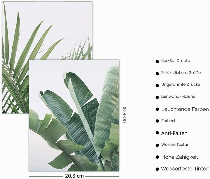 HoozGee Botanische Wandkunstdrucke Set mit 6 tropischen Blättern Dekor Pflanze Blatt Wandkunst Leinw