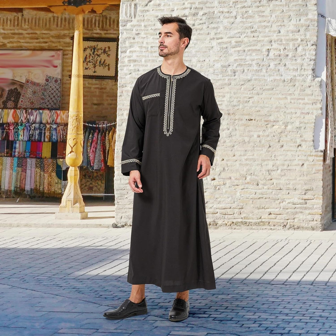 Kaftan Herren Gebetskleidung für Männer Islam Schwarz Abaya Herren Langarm Arabische Kleidung Herren