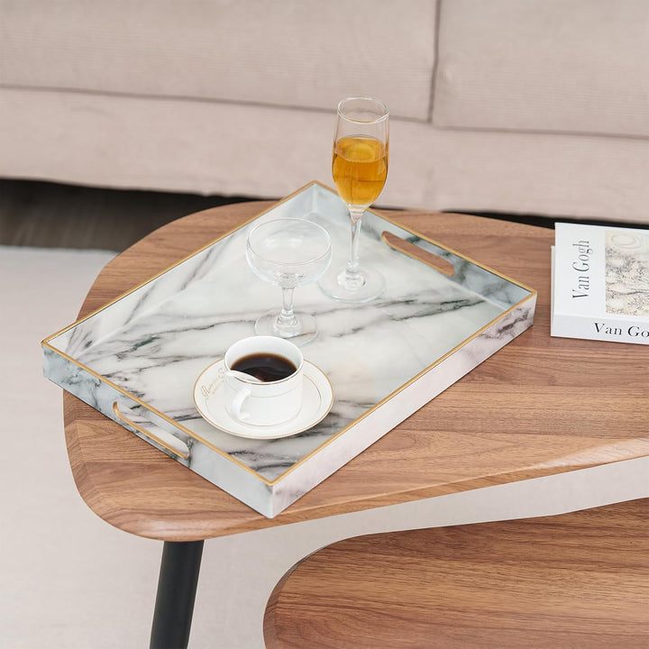 Serviertablett, Tablett mit Griff Marmor Deko Rechteckig Kaffeetablett, Bruchsicher Gross Tablett fü