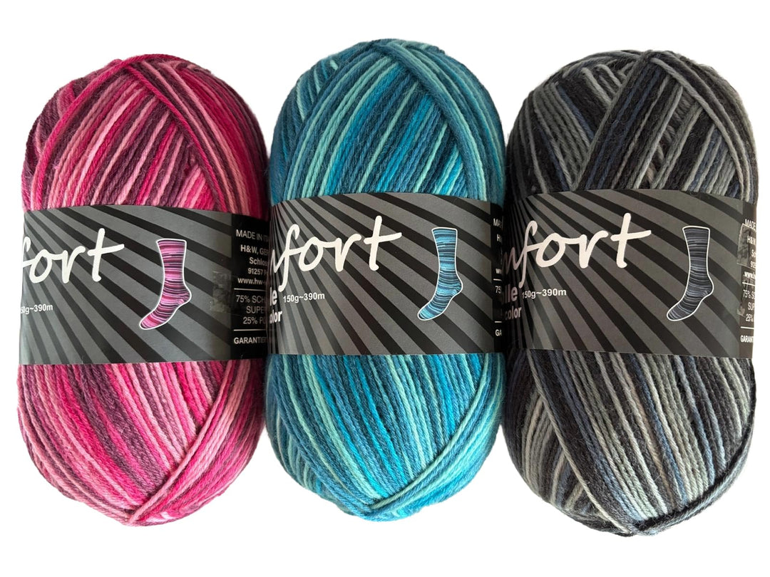 Sockenwolle Strumpfwolle Comfort Color 3x150gr 6-fädig Color 150gr 375m/LL 450gr Set für besonders w