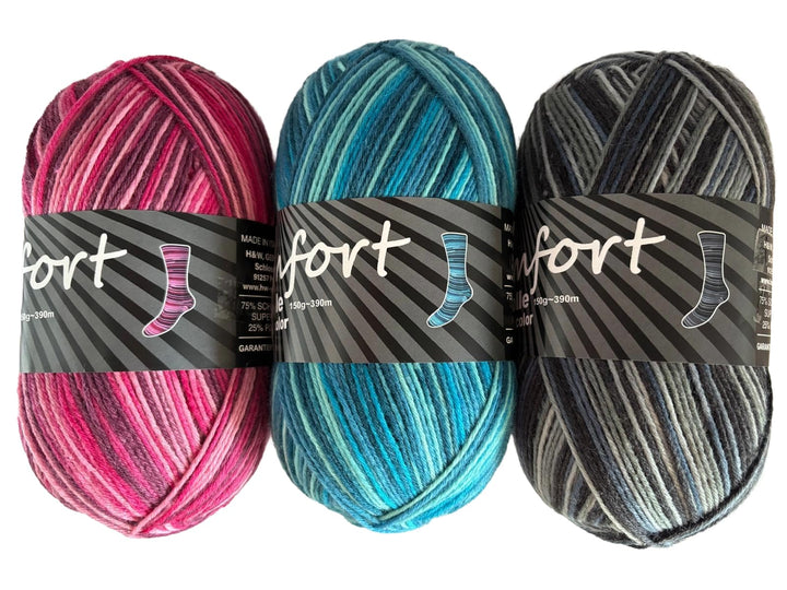 Sockenwolle Strumpfwolle Comfort Color 3x150gr 6-fädig Color 150gr 375m/LL 450gr Set für besonders w
