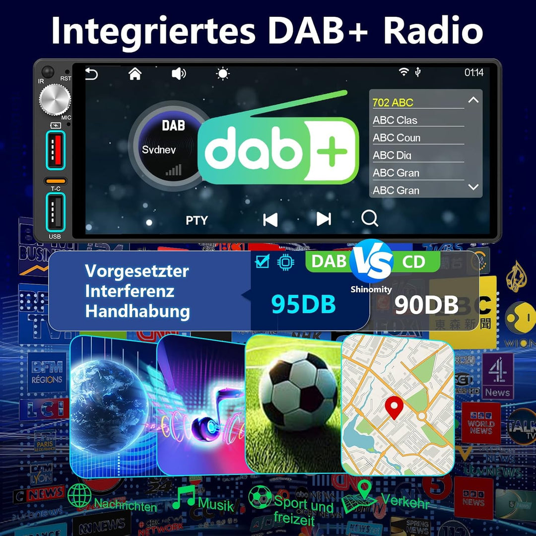 6,9 Zoll 1 Din Autoradio mit drahtlosem CarPlay &amp; Android Auto, Bluetooth, Full-Touch-Autoradio-Disp