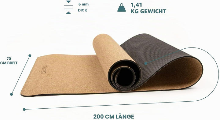 Myga XL Kork Yogamatte | 200 cm x 70 cm | Rutschfest, Wäremeregulierend & Leicht zu Tragen – 6 mm Di