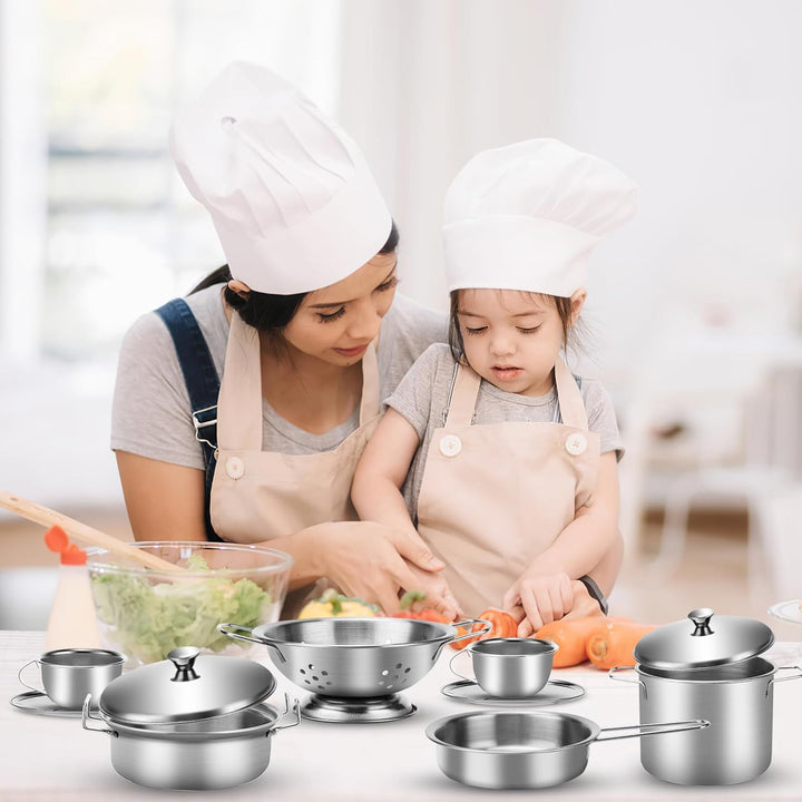 17 Stück Kinderküche Zubehör, Küchenspielzeug, Spielküche Küchenzubehör Topfset Edelstahl für Töpfe,