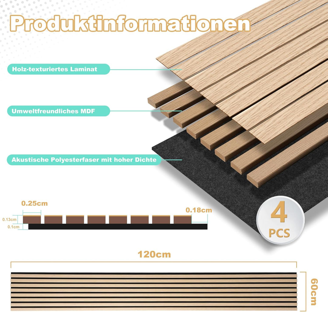 3D Akustikpaneele 120 x 60 x 2,2 cm, Holz Optik Paneele, Wandpaneele in Holzoptik als Schallabsorber