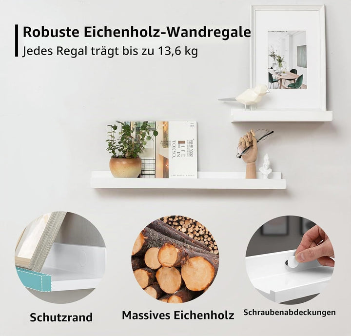 Gieanoo Wandregal Weiss, 2er Set, 40CM Massives Eichenholz Schweberegale Bilderleiste Weiss Regalbre