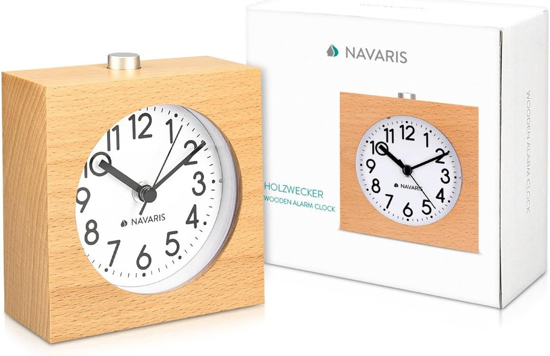 Navaris Analog Holz Wecker mit Snooze - Retro Uhr im Viereck Design mit Ziffernblatt Alarm - Leise T