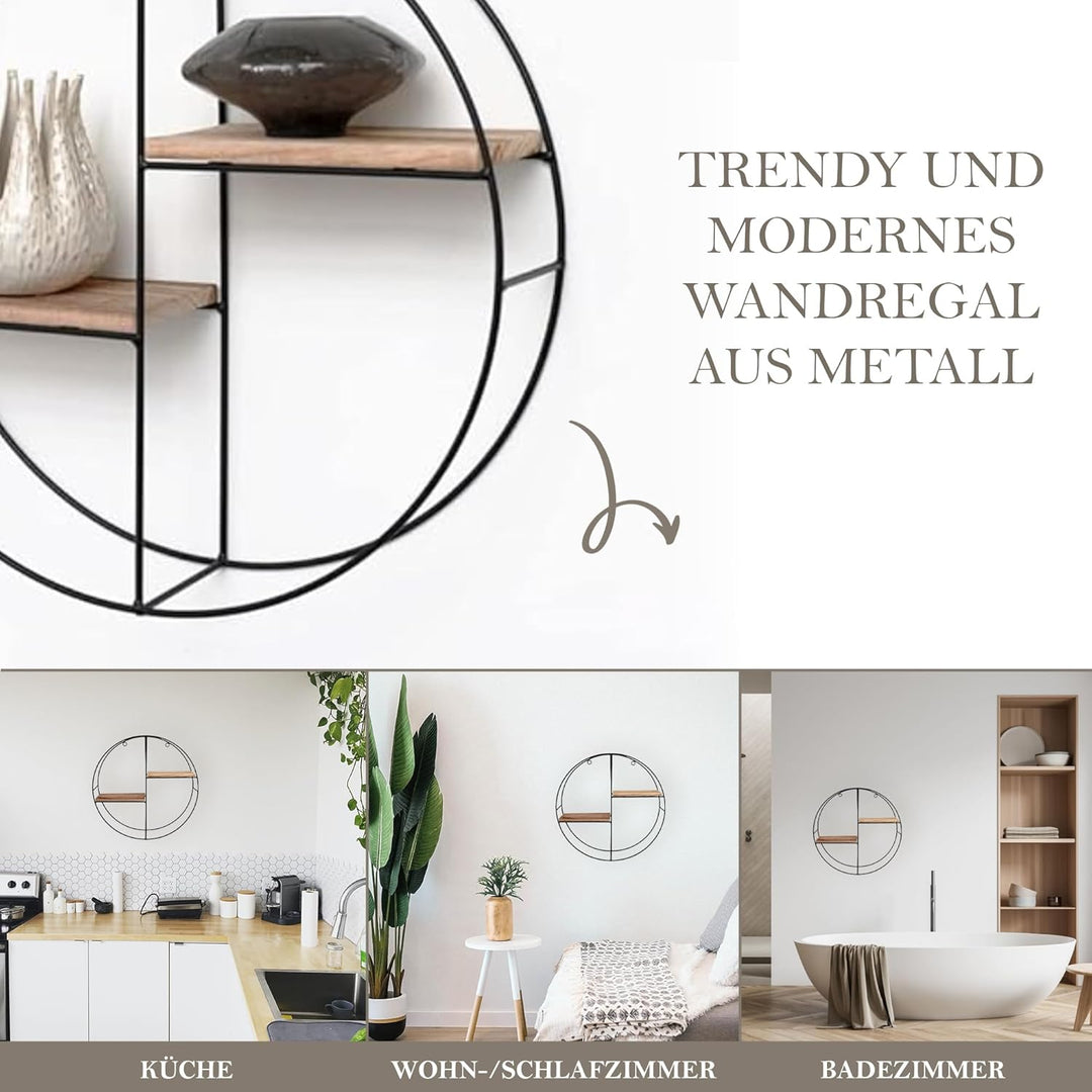 Vivol Schwarzes Metallwandregal mit Holzböden (Rund 2 Holzböden)