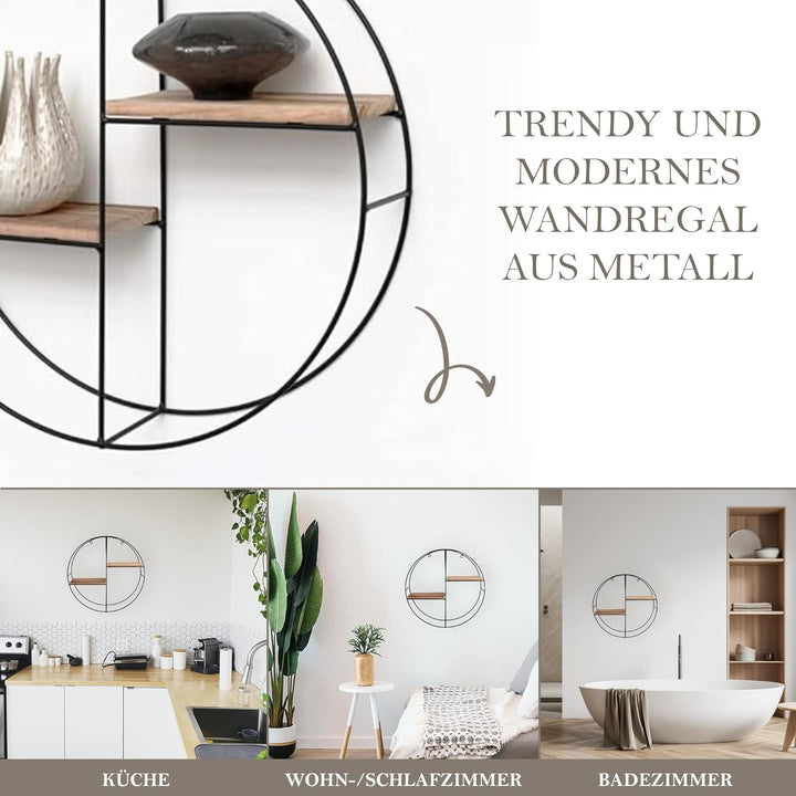 Vivol Schwarzes Metallwandregal mit Holzböden (Rund 2 Holzböden)