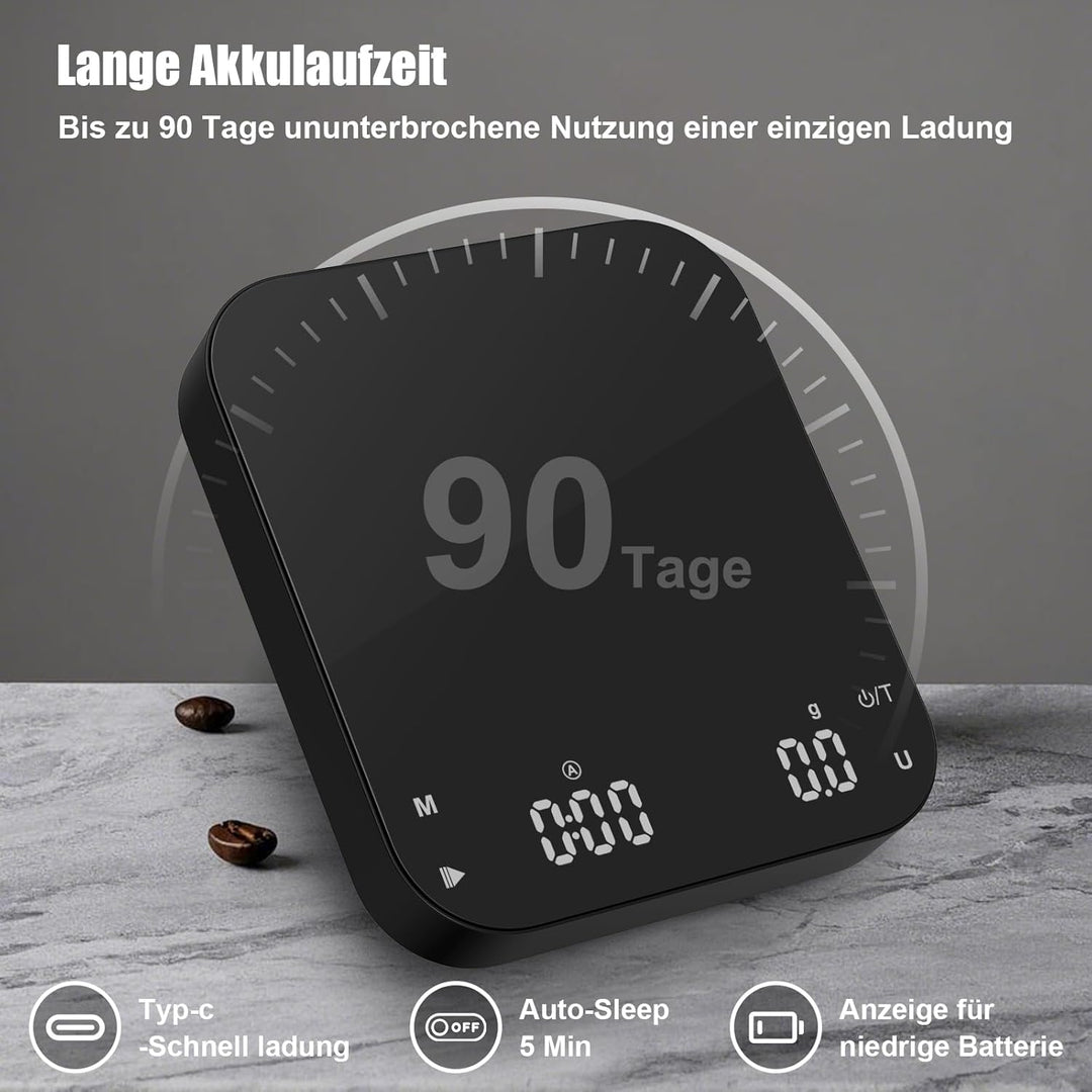 Diyife Kaffeewaage mit Timer, 3kg/0,1g Wiederaufladbare Espresso Waage mit HD LCD Display, Tara Funk