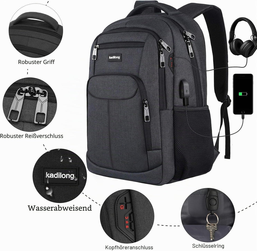 kadilong 17.3 Zoll Rucksack Herren Damen,Schulrucksack Teenager Schultasche Schulranzen mit Laptopfa