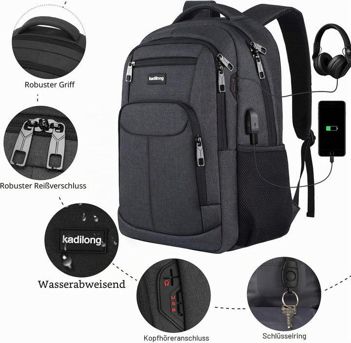 kadilong 17.3 Zoll Rucksack Herren Damen,Schulrucksack Teenager Schultasche Schulranzen mit Laptopfa