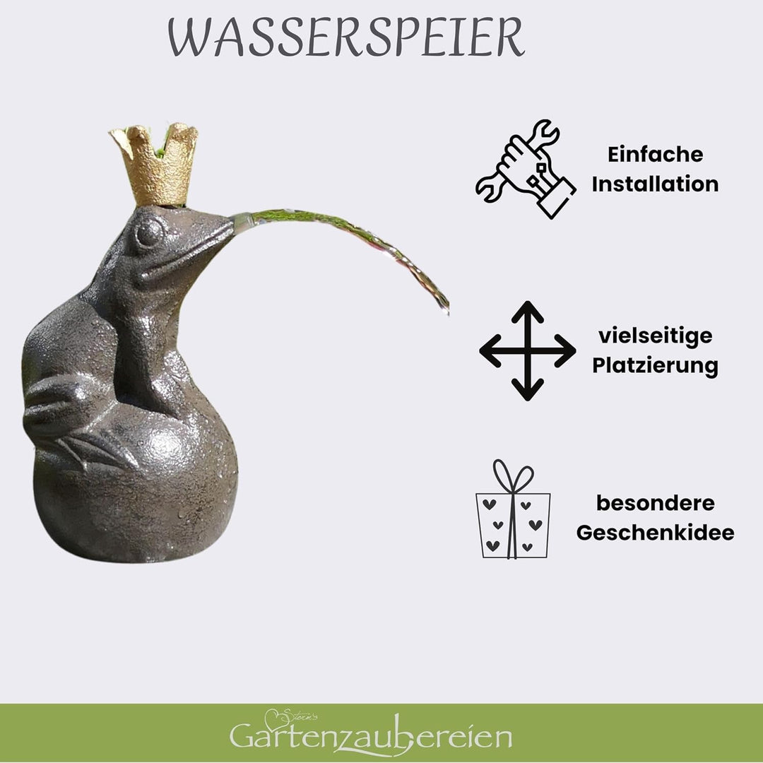 Wasserspeier Froschkönig auf Kugel mit Solarpumpe 19cm für Miniteich als Teichdeko - Gartendeko