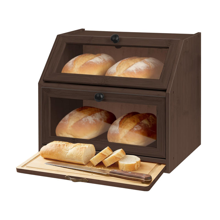 HUOLE Brotkasten aus Bambus mit 2 Etagen - Küchenorganizer, Aus Holz - Mit Sichtfenster und Magnetve