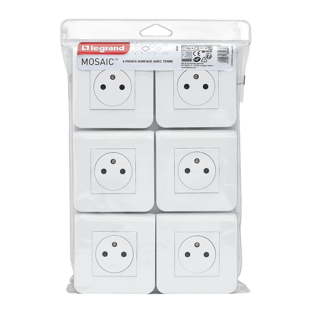 Legrand - 6er Set Steckdose Oberfläche Mosaic weiss komplett mit Platte und Schraubbefestigung