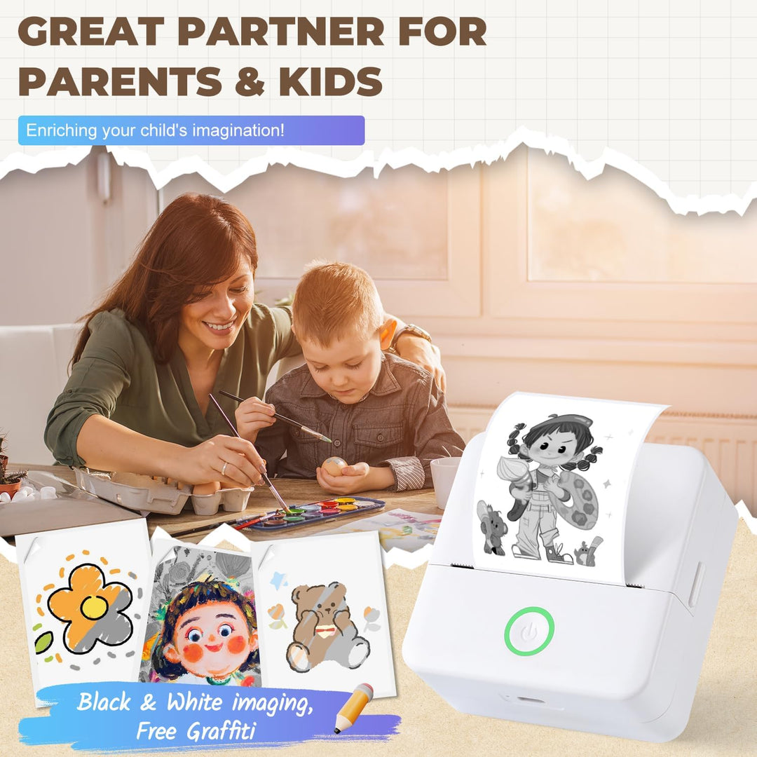 PRAOAHEI Mini Drucker, Tragbarer Fotodrucker mit 10 Rollen Druckerpapier, Bluetooth-Etikettendrucker