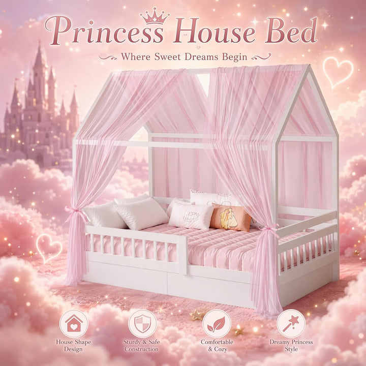 2 Stück Hausbett Himmel Set, Musselin Betthimmel für Kinderbett, weicher &amp; atmungsaktiver Baldachin