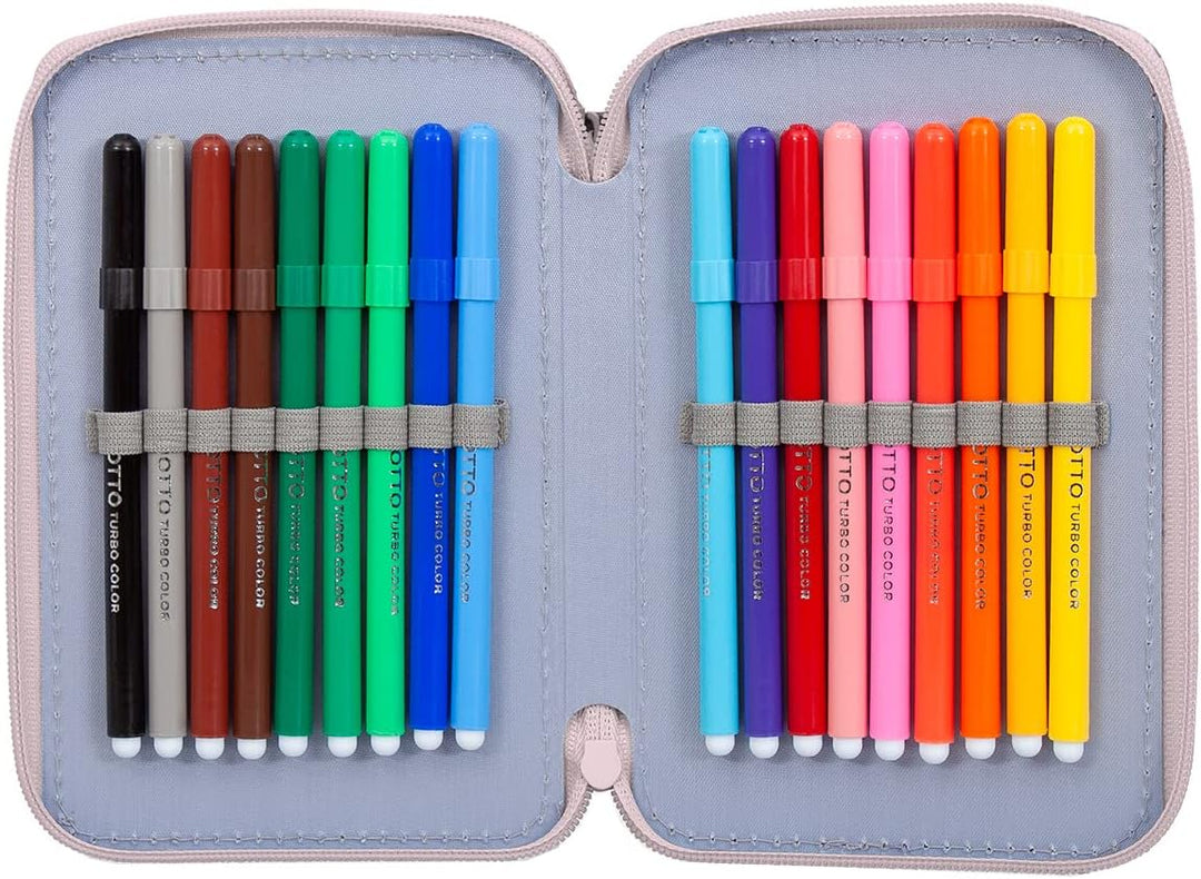 L'ERBAVOGLIO Federmäppchen für Schule, 3 Reissverschluss, komplett mit 44 Stück, Minnie (Rosa/Fuchsi