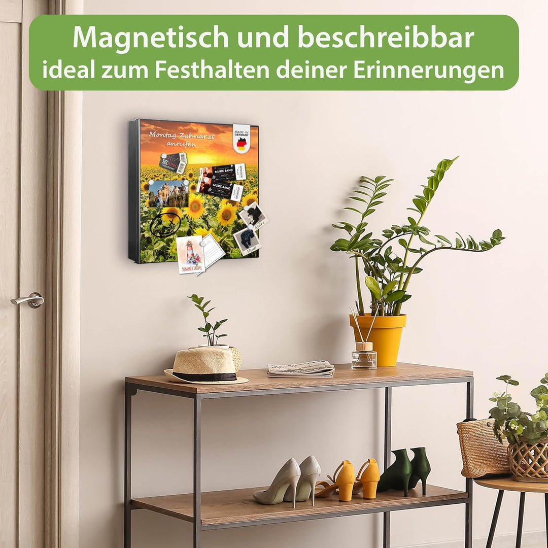 banjado® Grosser Schlüsselkasten Glas/Schlüsselbox 30cm x 30cm mit 50 Haken - Motiv Sonnenblumenmeer
