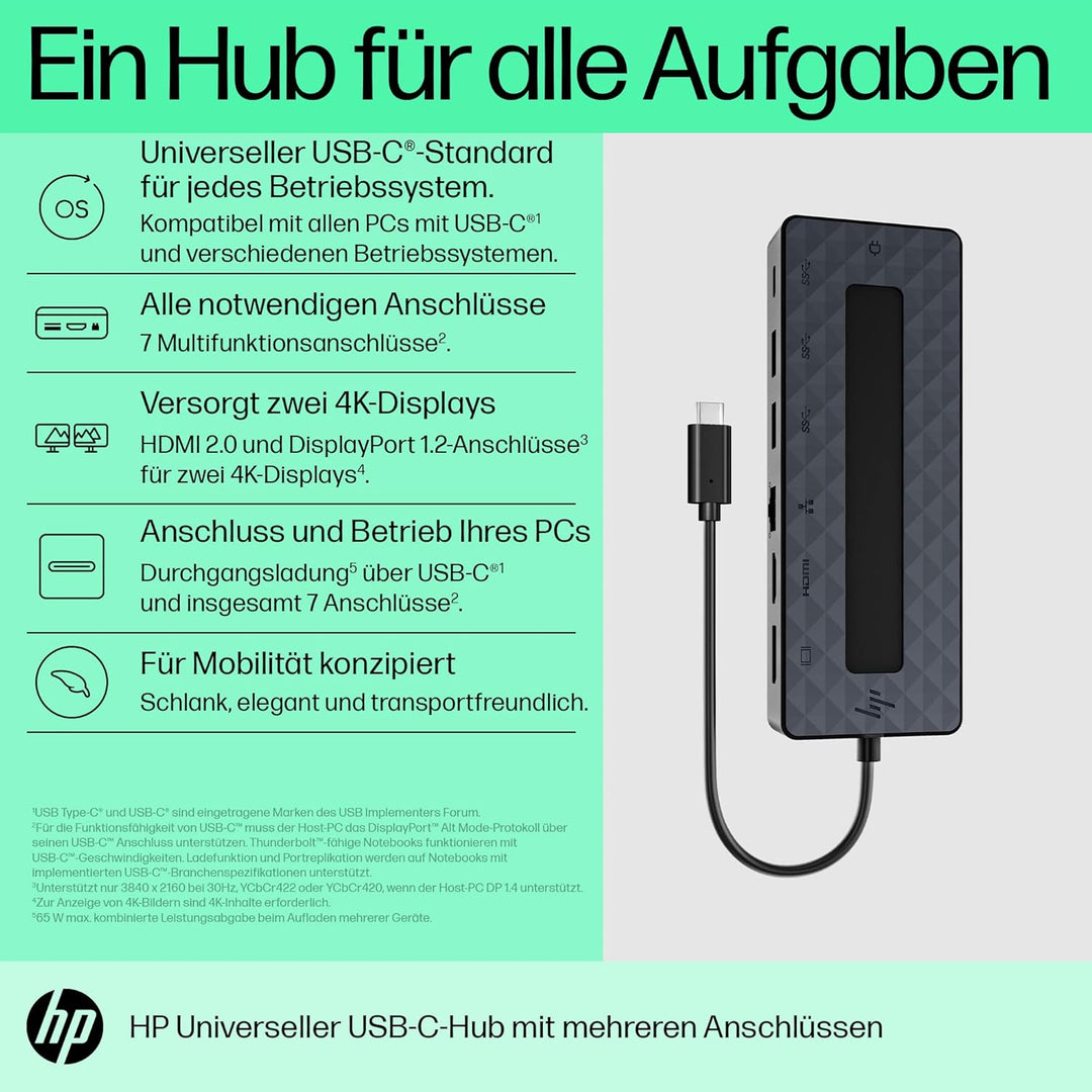 HP USB-C-Multiport-Hub 7-in-1, 1x HDMI 2.0, 1 x DisplayPort 1.2, 2 x USB-A, 1 x USB-C, 1 x USB-C -Pa