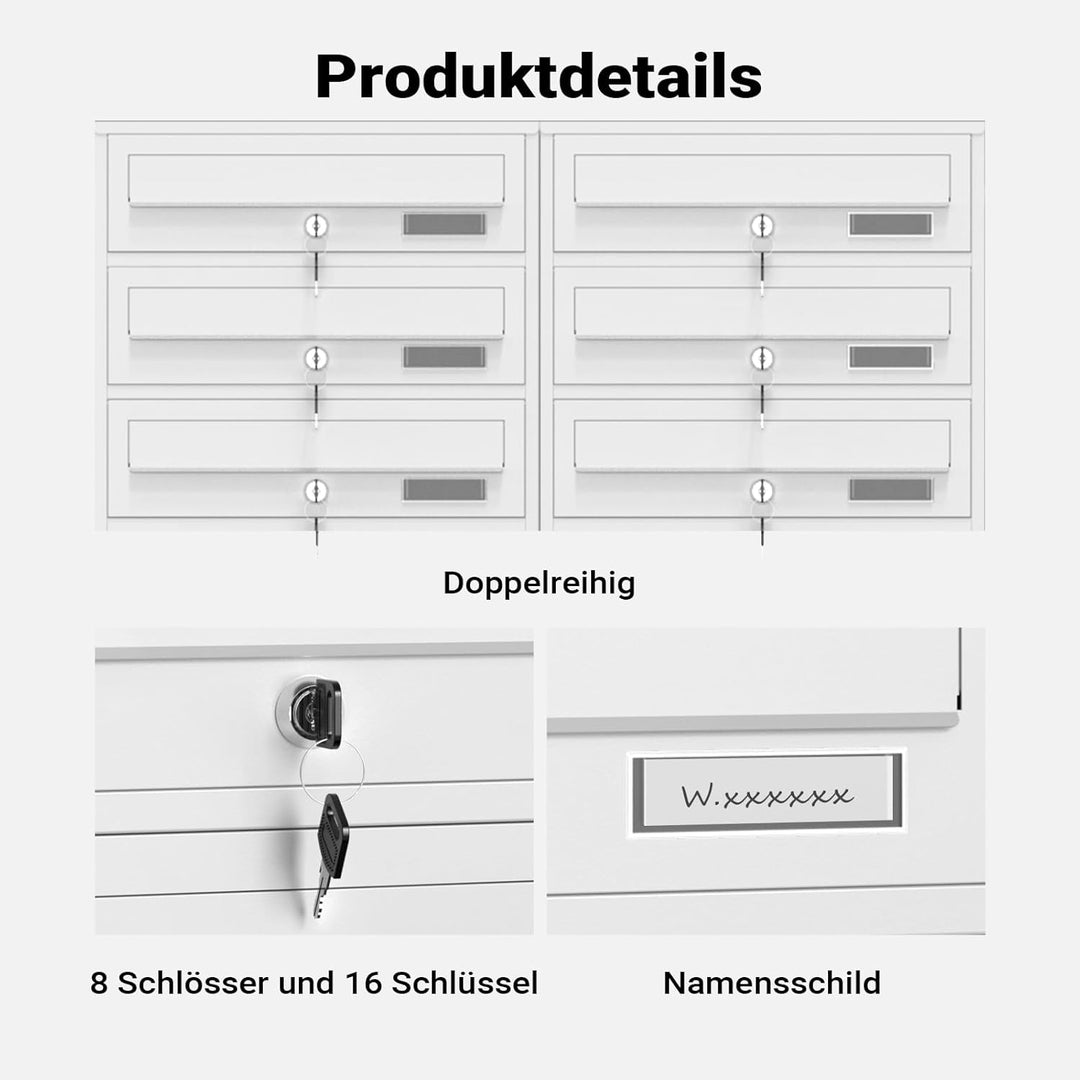 Wiltec 8er Briefkastenanlage weiss 945 x 270 x 1500 mm, Standbriefkasten mit 2x4 Fächern, Schlüssel