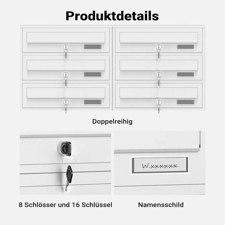 Wiltec 8er Briefkastenanlage weiss 945 x 270 x 1500 mm, Standbriefkasten mit 2x4 Fächern, Schlüssel