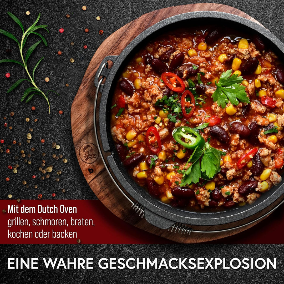 Dutch Oven Set 9-teilig – bereits eingebranntes Gusseisen Topf Set – Bratpfanne, Grilltopf, Deckelhe