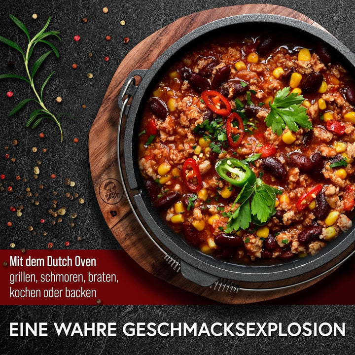 Dutch Oven Set 9-teilig – bereits eingebranntes Gusseisen Topf Set – Bratpfanne, Grilltopf, Deckelhe